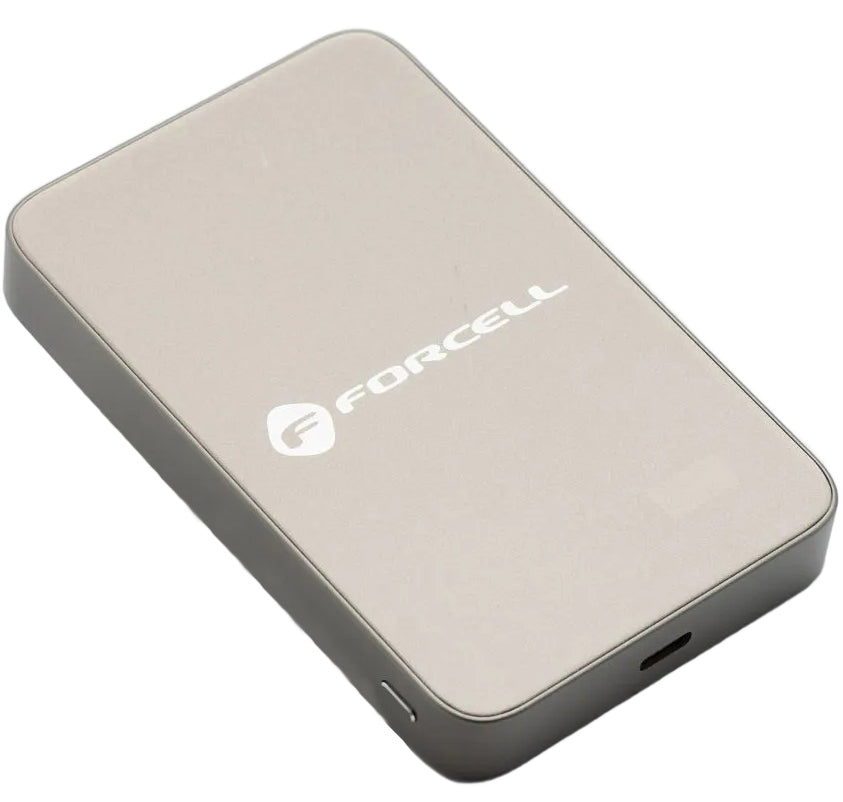 Batería Externa Inalámbrica Forcell F5K8, 5000mAh, 15W, PD + FQI, 1 x QI - 1 x USB-C, Dorada