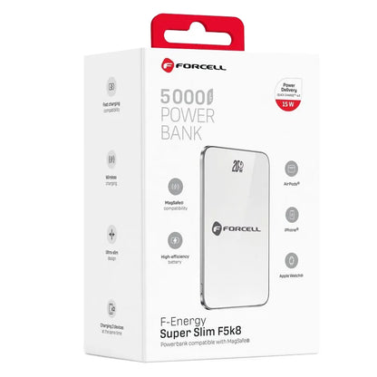 Forcell F5K8 Wireless External Battery, 5000mAh, 15W, PD + FQI, 1 x QI - 1 x USB-C, White
