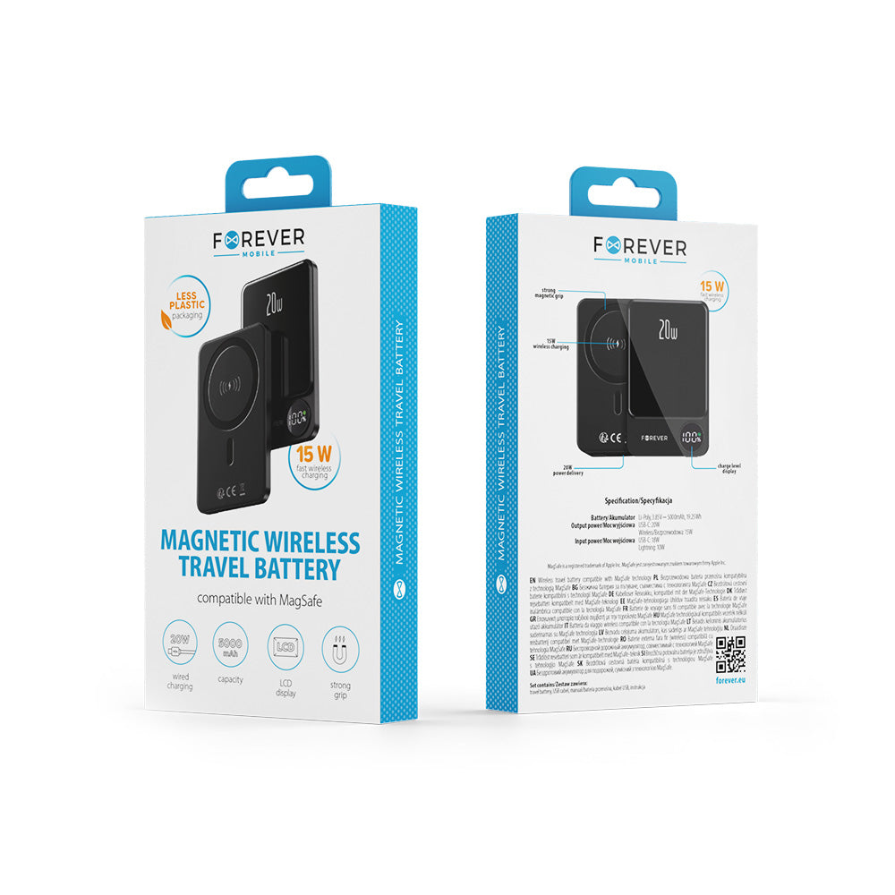 Batería Externa Inalámbrica Forever MATB-200, 5000mAh, 20W, PD + FQI, 1 x QI - 1 x USB-C, Negra