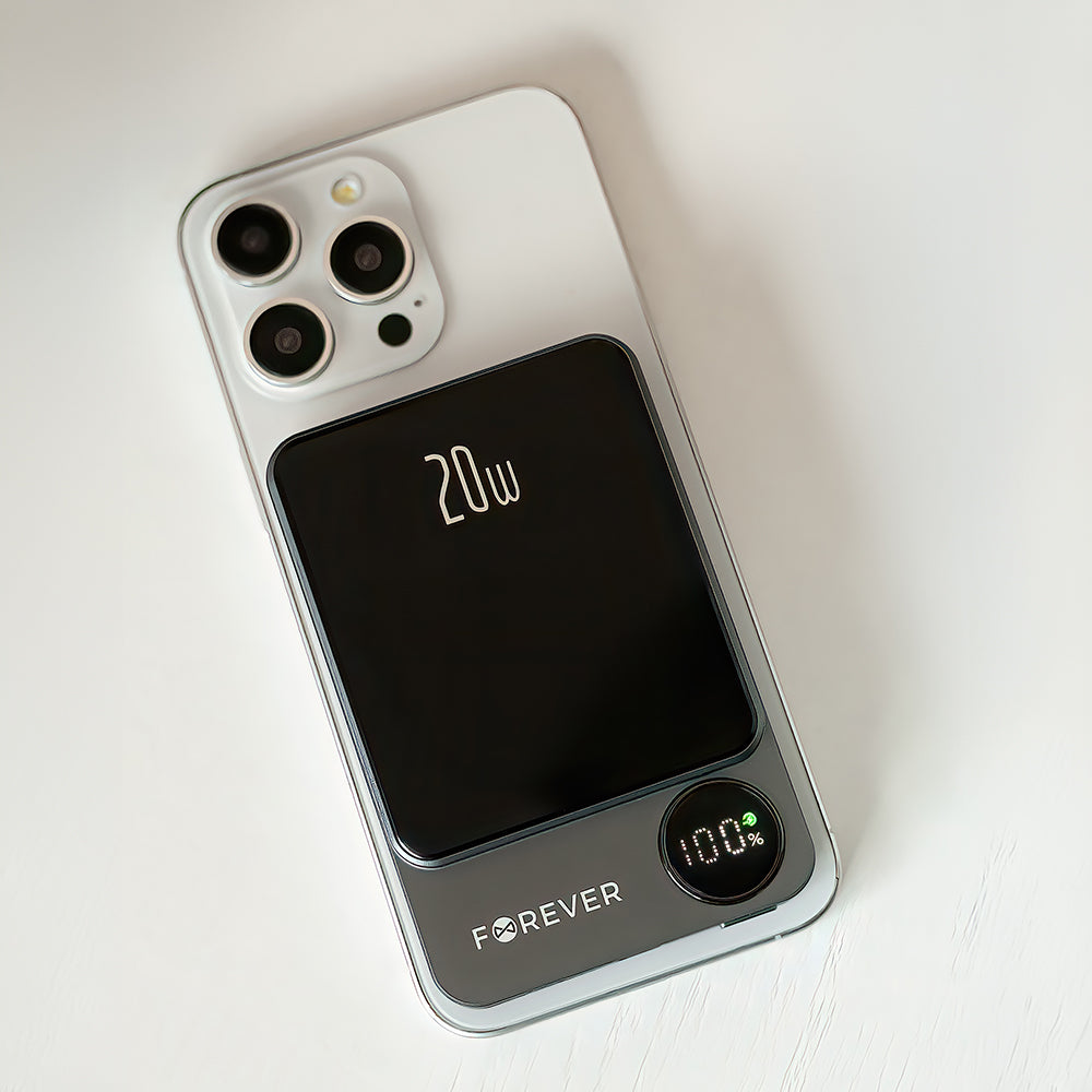 Batería Externa Inalámbrica Forever MATB-200, 5000mAh, 20W, PD + FQI, 1 x QI - 1 x USB-C, Negra