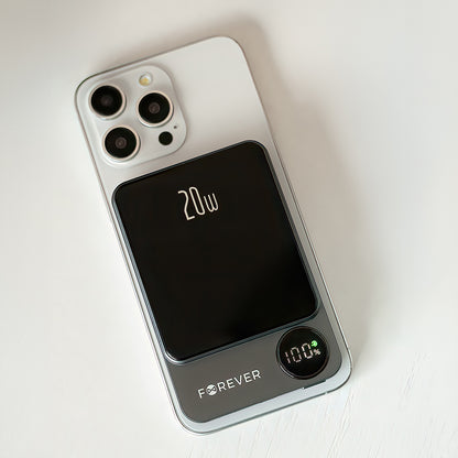 Batería Externa Inalámbrica Forever MATB-200, 5000mAh, 20W, PD + FQI, 1 x QI - 1 x USB-C, Negra