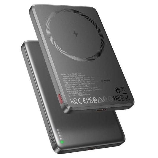 Batería Externa Inalámbrica HOCO Q26, 5000mAh, 20W, PD + FQI, 1 x QI - 1 x USB-C, Gris