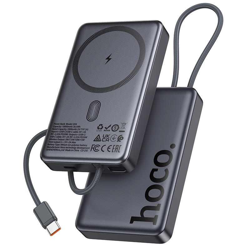 Batería Externa Inalámbrica HOCO Q44, 10000mAh, 20W, PD + FQI, 1 x QI - 2 x USB-C, Gris