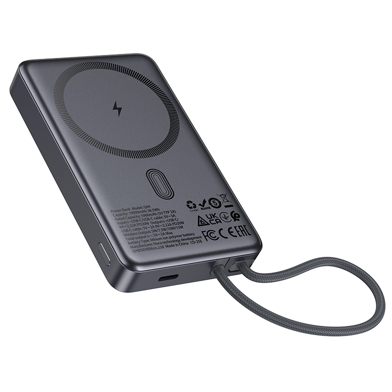 Batería Externa Inalámbrica HOCO Q44, 10000mAh, 20W, PD + FQI, 1 x QI - 2 x USB-C, Gris