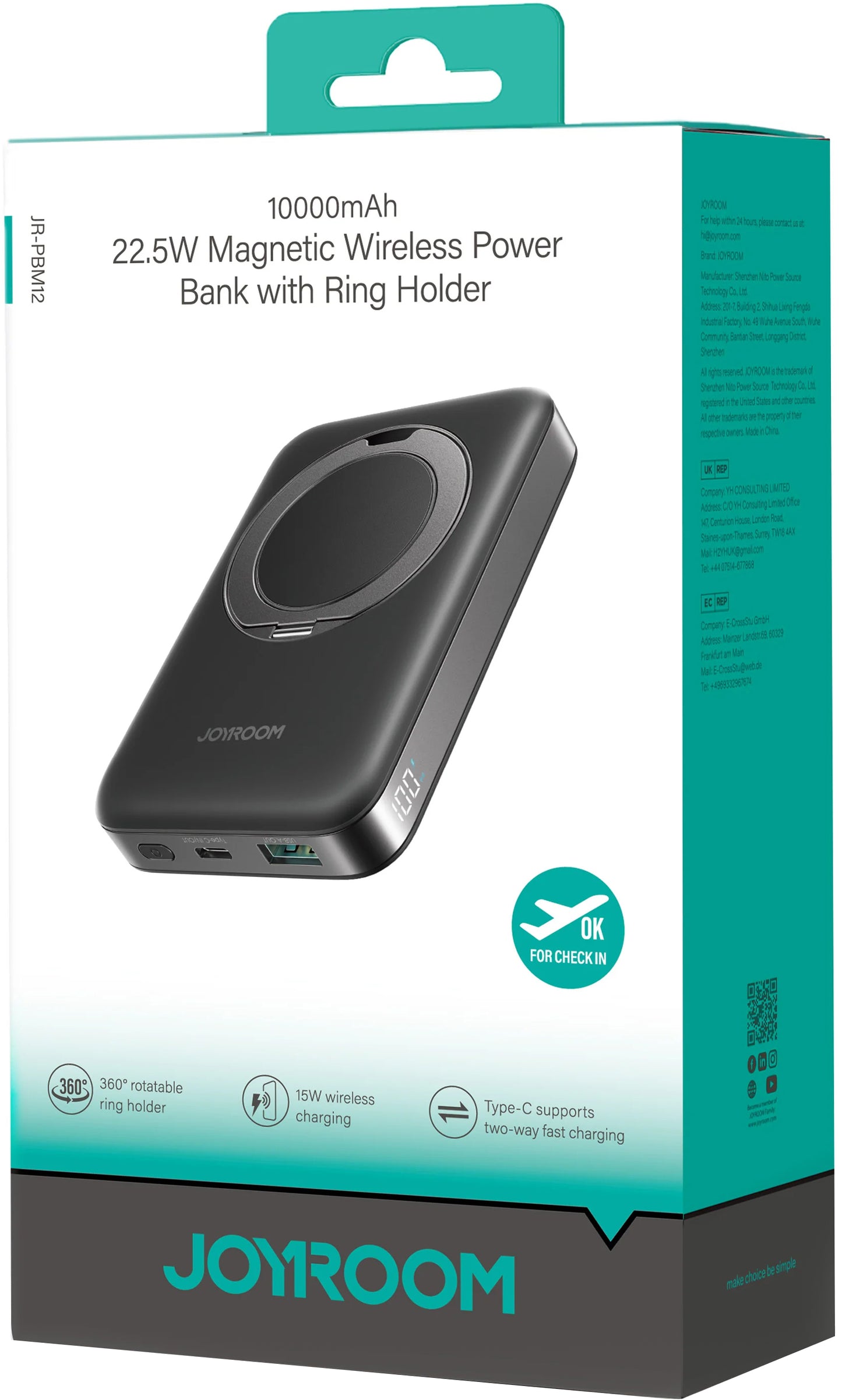 Batería Externa Inalámbrica Joyroom JR-PBM12, 10000mAh, 22.5W, QC + PD + FQI, 1 x QI - 1 x USB-A - 1 x USB-C, Negra
