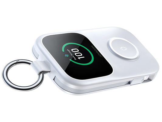 Batería Externa Inalámbrica Joyroom JR-W19, 5000mAh, 20W, QC + PD, 1 x Lightning - 1 x QI - 2 x USB-C, Blanca