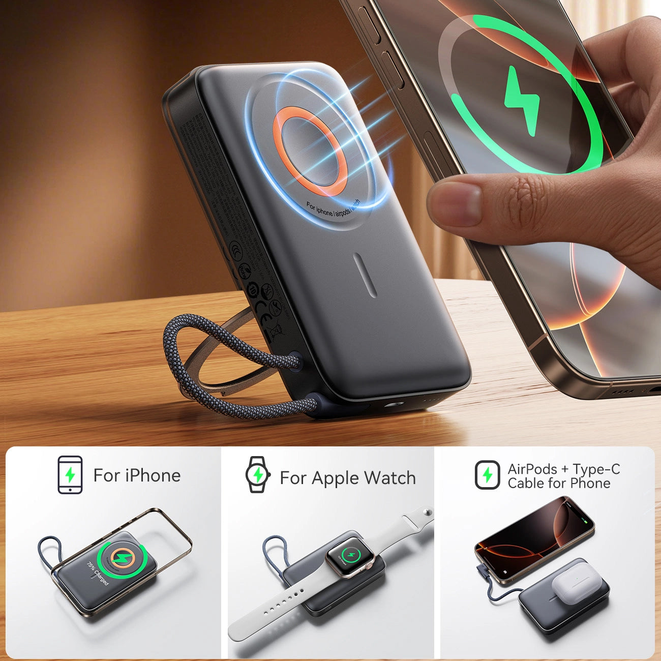 Batería Externa Inalámbrica Joyroom JR-PBM02, 10000mAh, 22.5W, PD + FQI, 1 x QI - 2 x USB-C, Negra