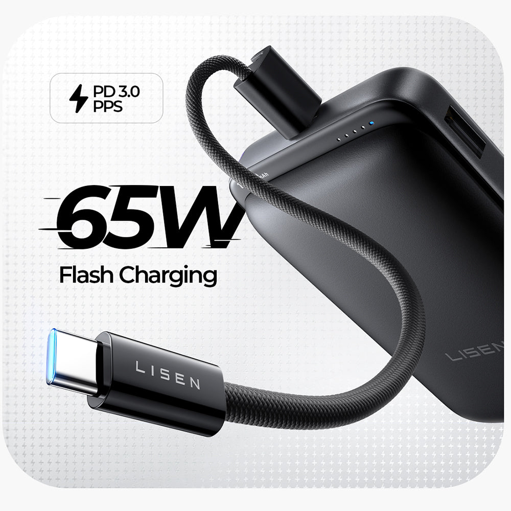 Batería Externa Inalámbrica Lisen P604, 10000mAh, 65W, QC + PD + FQI, 1 x QI - 1 x USB-A - 1 x USB-C, Negra