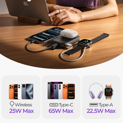 Batería Externa Inalámbrica Lisen P604, 10000mAh, 65W, QC + PD + FQI, 1 x QI - 1 x USB-A - 1 x USB-C, Negra