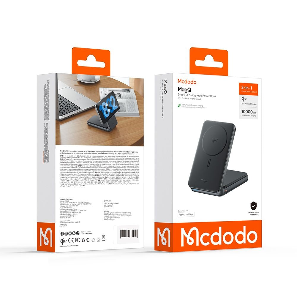 Batería Externa Inalámbrica McDodo MC-6310 2in1, 10000mAh, 20W, PD + FQI, 1 x USB-C, Negra
