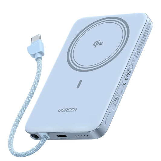 Batería externa inalámbrica UGREEN PB570 (65839B), 10000 mAh, 30 W, PD + FQI, 1 x QI - 2 x USB-C, azul celeste