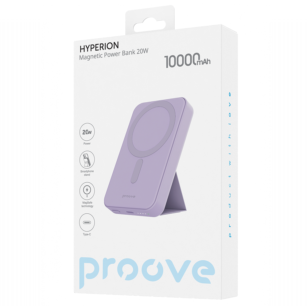 Batería Externa Inalámbrica Proove Hyperion, 10000mAh, 20W, PD + FQI, 1 x QI - 1 x USB-C, Morado