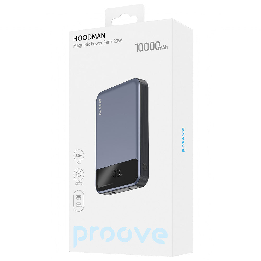 Batería Externa Inalámbrica Proove Hoodman, 10000mAh, 20W, PD + FQI, 1 x QI - 1 x USB-C, Gris PBH120010003