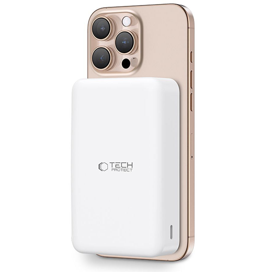 Batería externa inalámbrica Tech-Protect PB12 LifeMag, 20000mAh, 20W, QC + PD + FQI, 1 x QI - 1 x USB-A - 1 x USB-C, Blanco