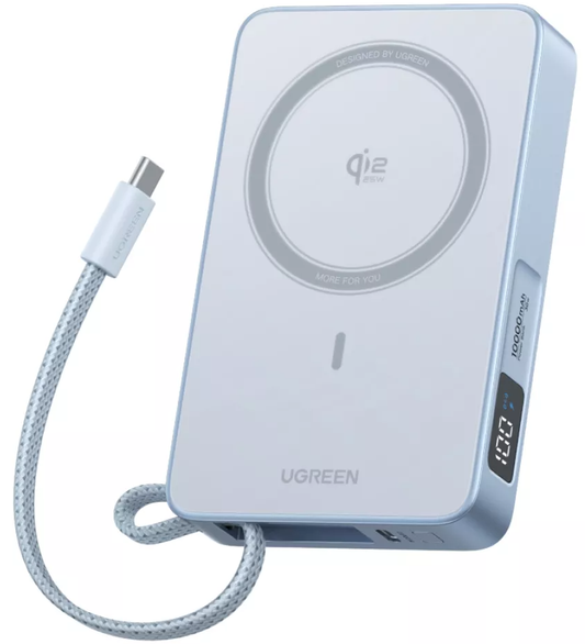 UGREEN MagFlow PB773 Wireless External Battery, 10000mAh, 25W, PD + FQI, 1 x QI - 2 x USB-C, Blue