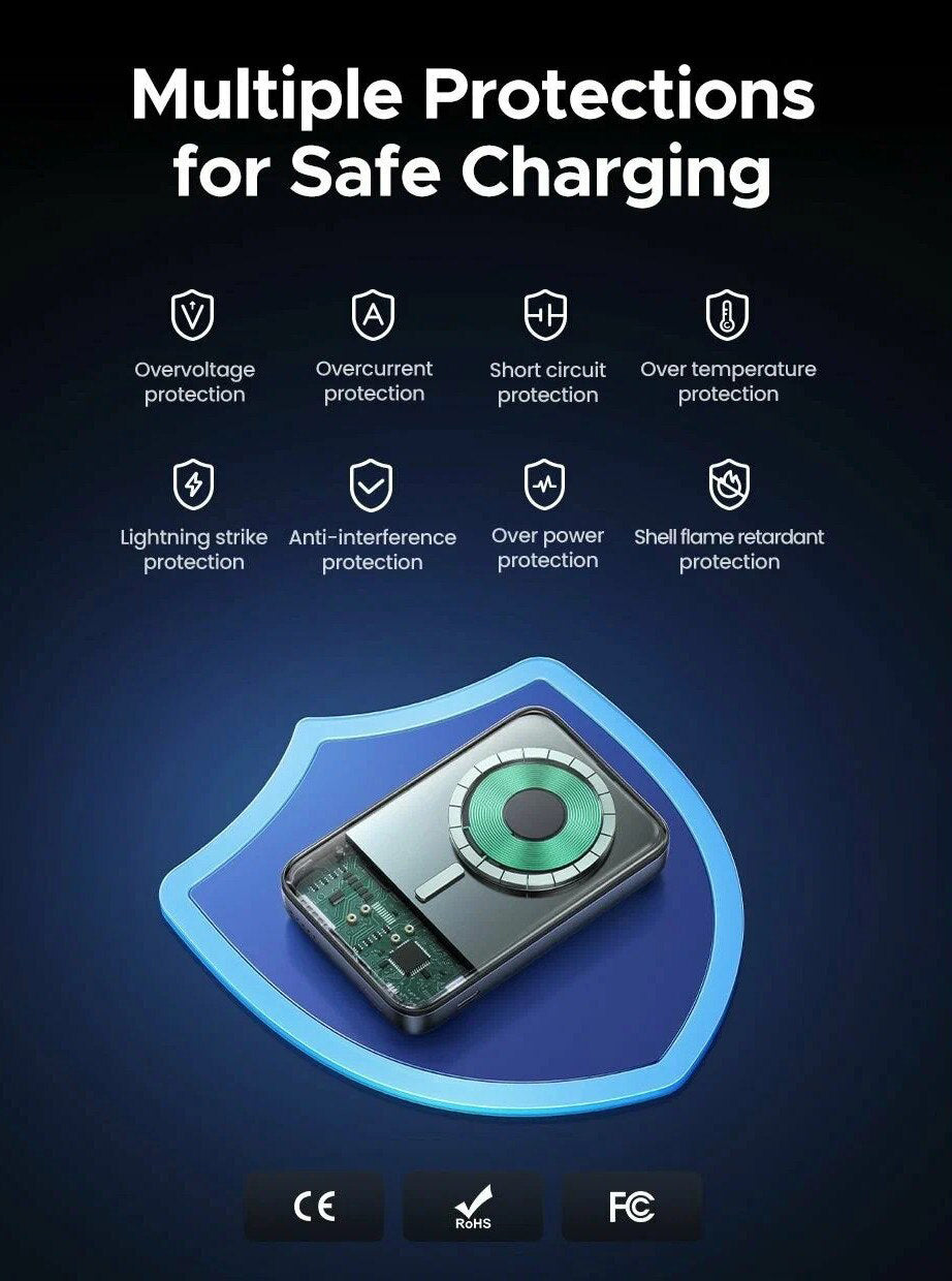 Batería Externa Inalámbrica UGREEN PB562, 10000mAh, 20W, PD + FQI, 1 x QI - 1 x USB-C, Negra