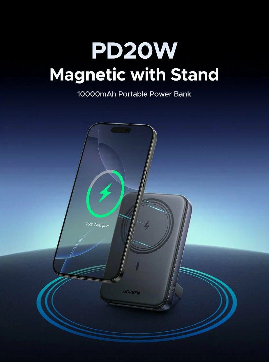 Batería Externa Inalámbrica UGREEN PB562, 10000mAh, 20W, PD + FQI, 1 x QI - 1 x USB-C, Negra