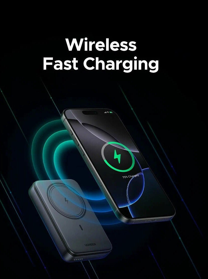 Batería Externa Inalámbrica UGREEN PB562, 10000mAh, 20W, PD + FQI, 1 x QI - 1 x USB-C, Negra