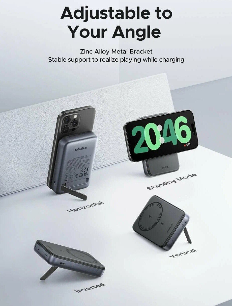 Batería Externa Inalámbrica UGREEN PB562, 10000mAh, 20W, PD + FQI, 1 x QI - 1 x USB-C, Negra