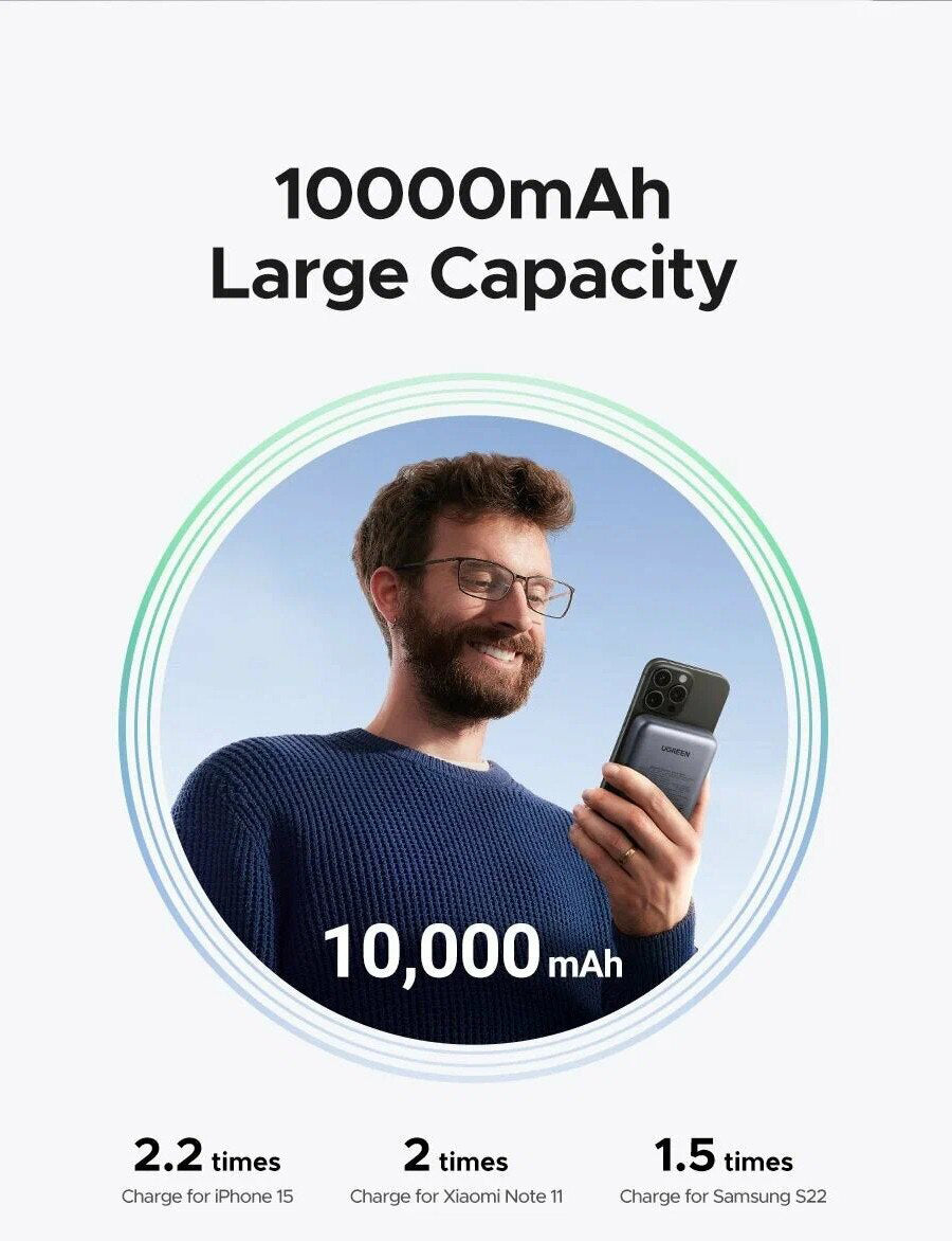Batería Externa Inalámbrica UGREEN PB562, 10000mAh, 20W, PD + FQI, 1 x QI - 1 x USB-C, Negra