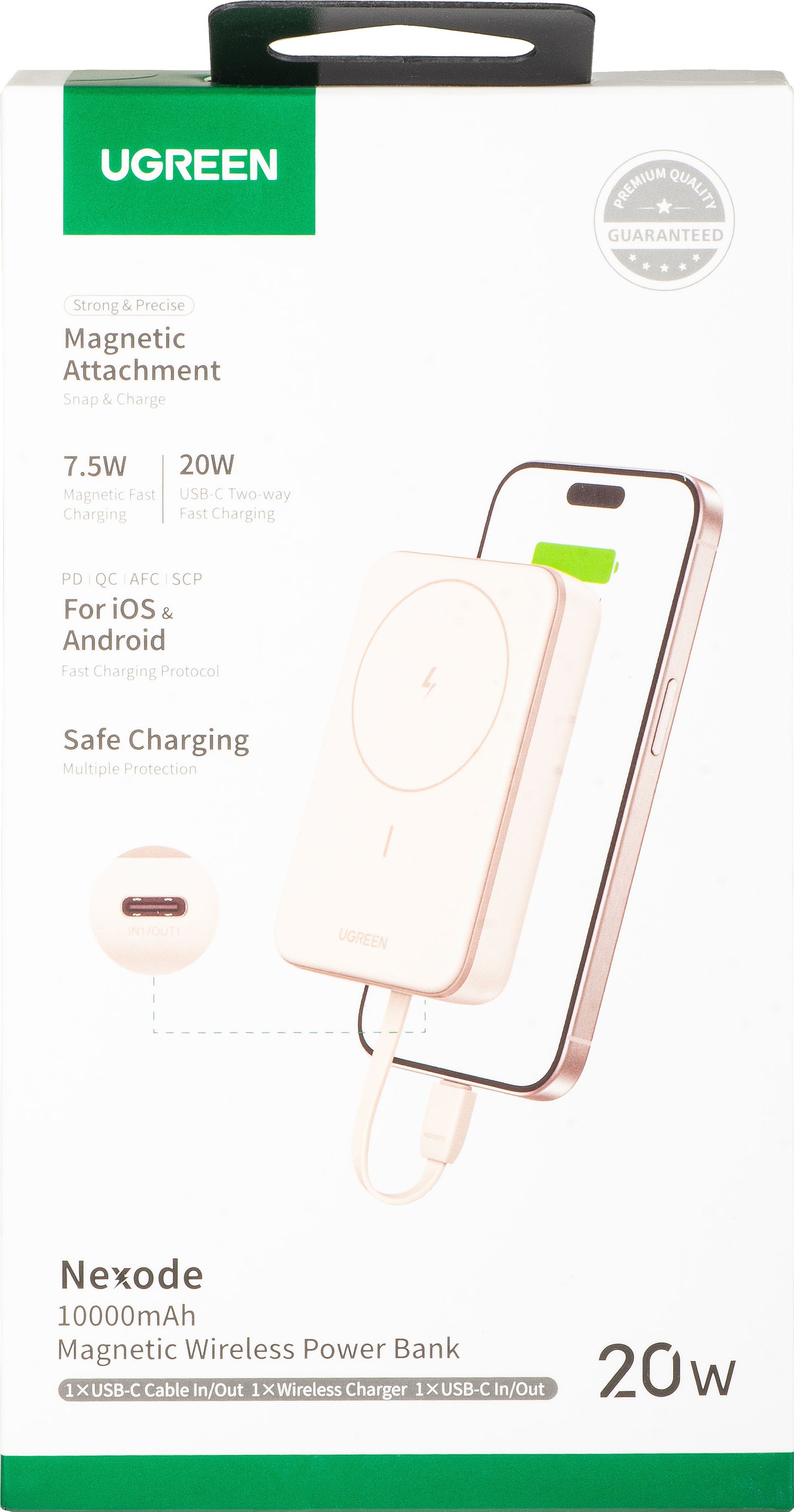 Batería Externa Inalámbrica UGREEN PB760, 10000mAh, 20W, PD + FQI, 1 x QI - 1 x USB-C, Beige