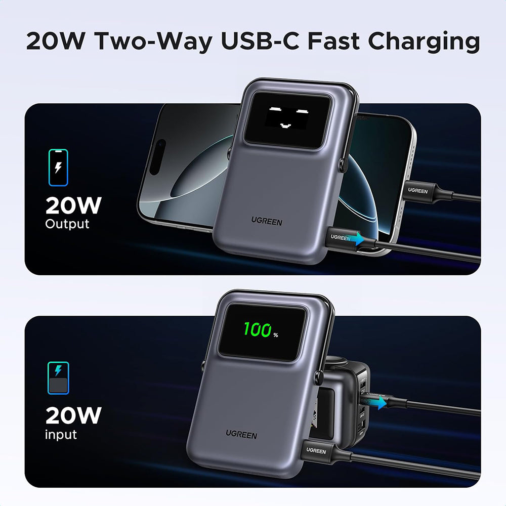 Batería Externa Inalámbrica UGREEN PB764 Uno, 10000mAh, 20W, PD + FQI, 1 x QI - 1 x USB-C, Gris