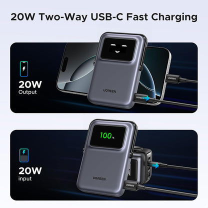 Batería Externa Inalámbrica UGREEN PB764 Uno, 10000mAh, 20W, PD + FQI, 1 x QI - 1 x USB-C, Gris