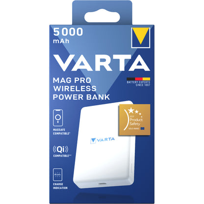 Batería Externa Inalámbrica Varta Mag Pro, 5000mAh, 12W, 1 x QI - 1 x USB-C, Blanca
