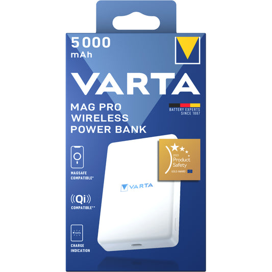 Batería Externa Inalámbrica Varta Mag Pro, 5000mAh, 12W, 1 x QI - 1 x USB-C, Blanca