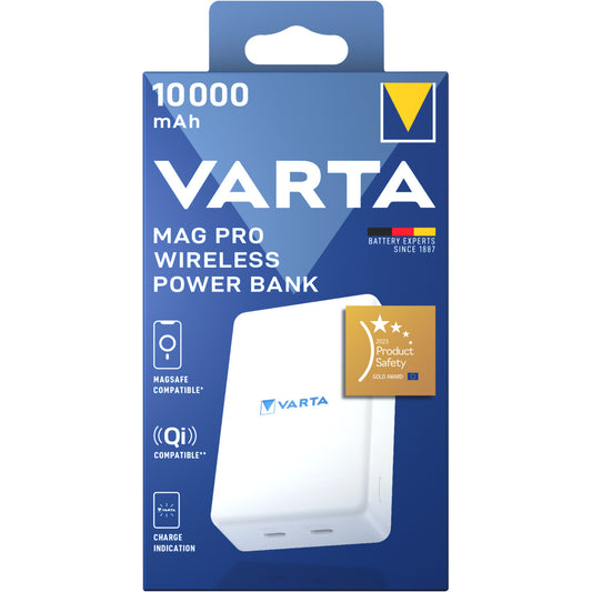 Batería Externa Inalámbrica Varta Mag Pro, 10000mAh, 20W, 1 x QI - 2 x USB-C, Blanca