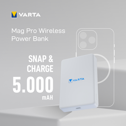 Batería Externa Inalámbrica Varta Mag Pro, 5000mAh, 12W, 1 x QI - 1 x USB-C, Blanca