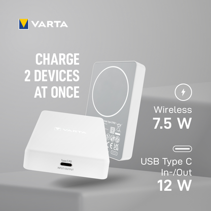 Batería Externa Inalámbrica Varta Mag Pro, 5000mAh, 12W, 1 x QI - 1 x USB-C, Blanca