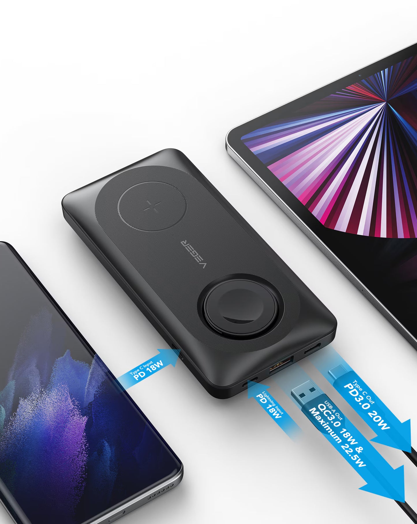 Batería Externa Inalámbrica Veger MagMulti W1156, 10000mAh, 22.5W, QC + PD + FQI, 2 x QI - 1 x USB-A - 1 x USB-C, Negra