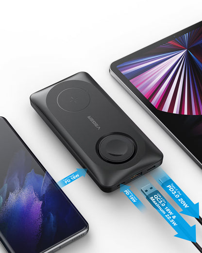 Batería Externa Inalámbrica Veger MagMulti W1156, 10000mAh, 22.5W, QC + PD + FQI, 2 x QI - 1 x USB-A - 1 x USB-C, Negra