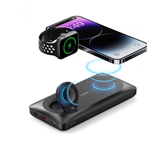 Batería Externa Inalámbrica Veger MagMulti W1156, 10000mAh, 22.5W, QC + PD + FQI, 2 x QI - 1 x USB-A - 1 x USB-C, Negra