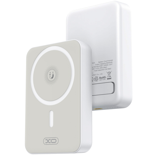 Batería Externa Inalámbrica XO Design PR231, 10000mAh, 20W, PD + FQI, 1 x QI - 1 x USB-C, Blanca
