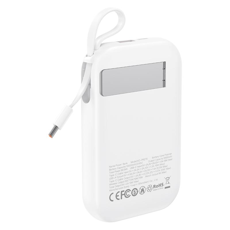 Batería Externa Inalámbrica XO Design PR270, 10000mAh, 22.5W, QC + PD + QI, 1 x QI - 1 x USB-A - 1 x USB-C, Blanca