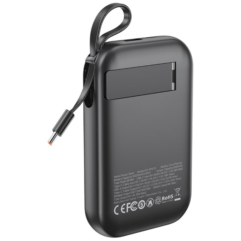 Batería Externa Inalámbrica XO Design PR270, 10000mAh, 22.5W, QC + PD + QI, 1 x QI - 1 x USB-A - 1 x USB-C, Negra