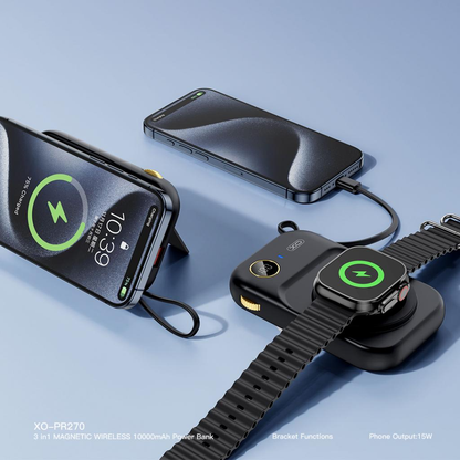 Batería Externa Inalámbrica XO Design PR270, 10000mAh, 22.5W, QC + PD + QI, 1 x QI - 1 x USB-A - 1 x USB-C, Negra