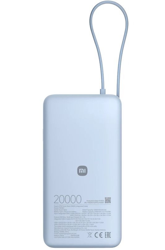 Batería Externa Xiaomi, 20000mAh, 67W, QC + PD, 1 x USB-A - 2 x USB-C, Azul BHR08O8GL