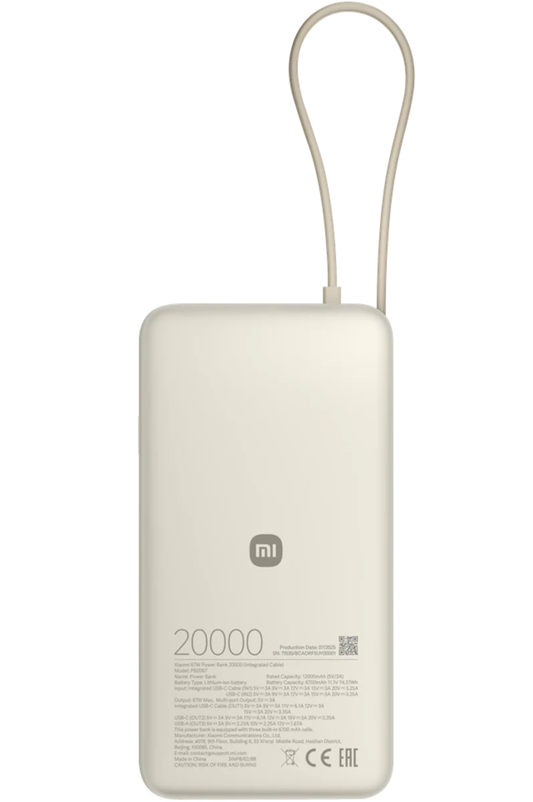 Batería Externa Xiaomi, 20000mAh, 67W, QC + PD, 1 x USB-A - 2 x USB-C, Beige BHR08O7GL