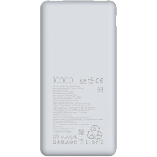 Batería Externa Xiaomi Lite, 10000mAh, 22.5W, QC + PD, 1 x USB-C - 2 x USB-A, Blanca BHR9350GL