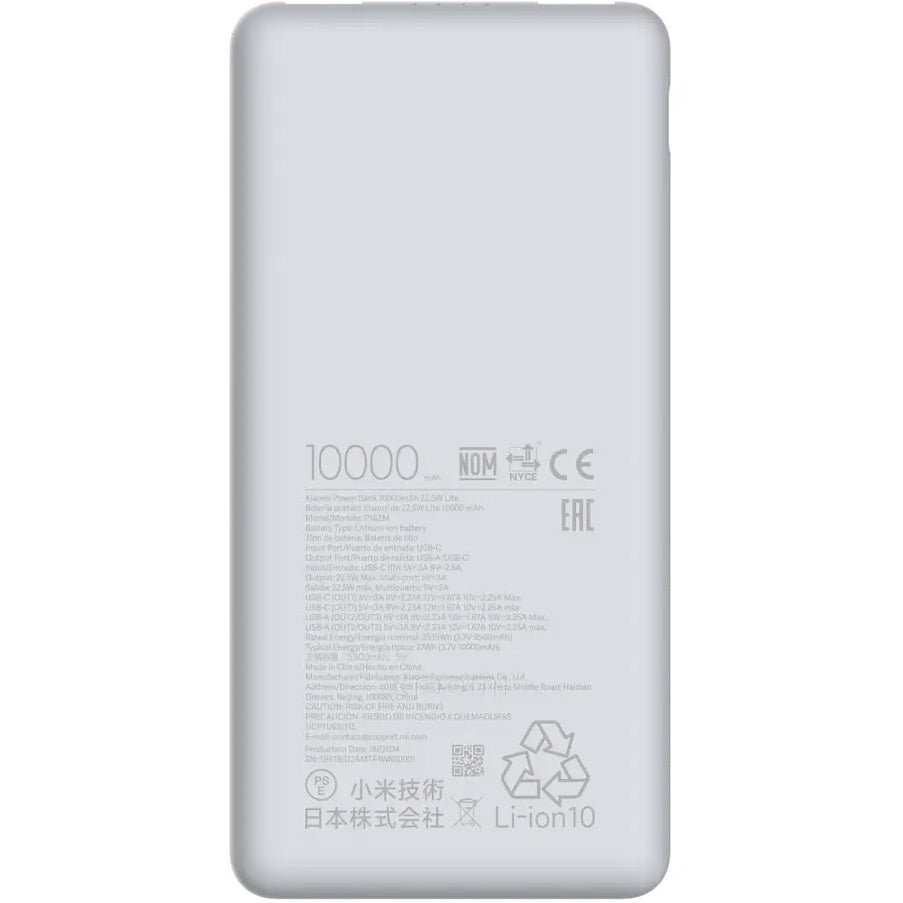 Batería Externa Xiaomi Lite, 10000mAh, 22.5W, QC + PD, 1 x USB-C - 2 x USB-A, Blanca BHR9350GL