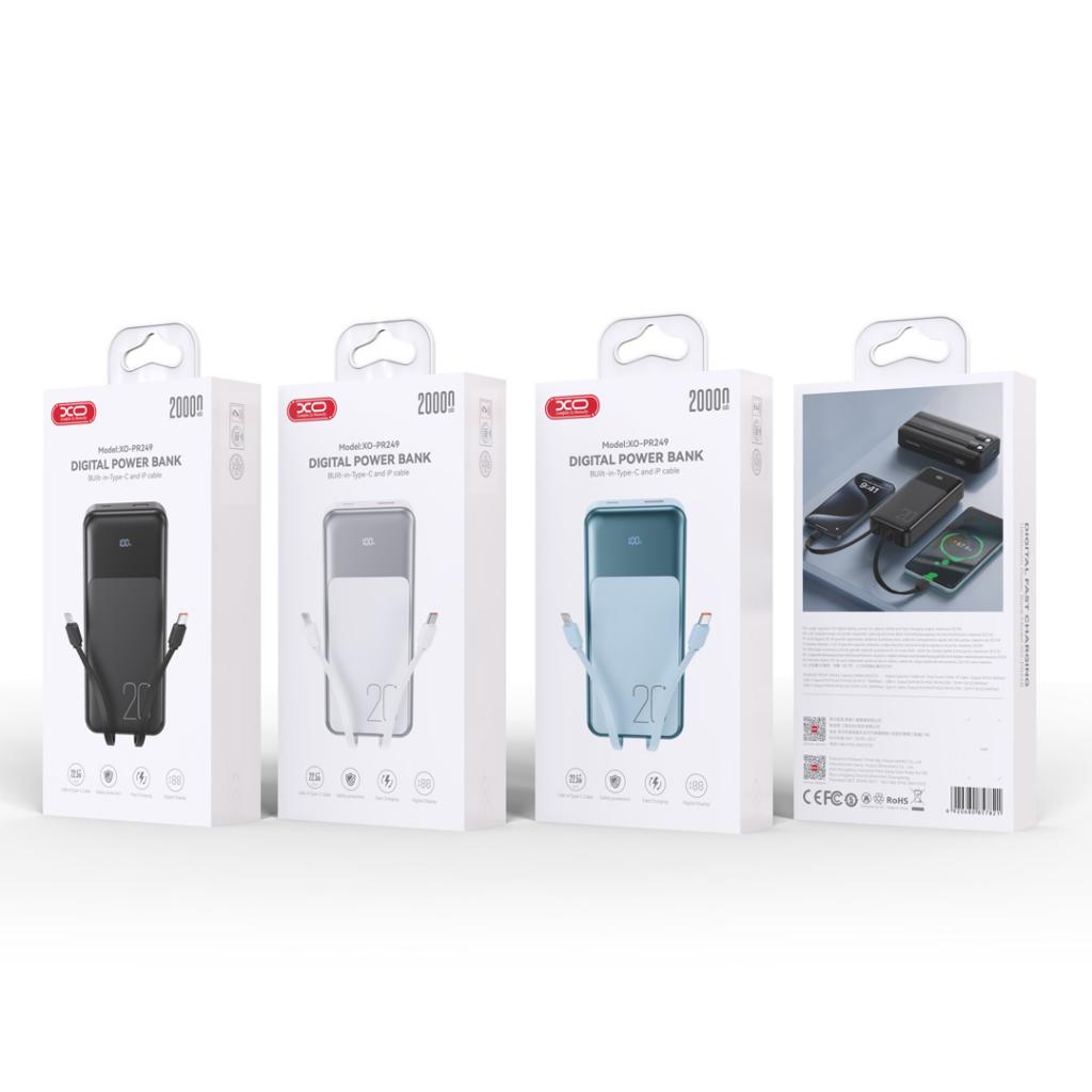 Batería Externa XO Design PR249, 20000mAh, 22.5W, QC + PD, 1 x Lightning - 1 x USB-A - 2 x USB-C, Blanca