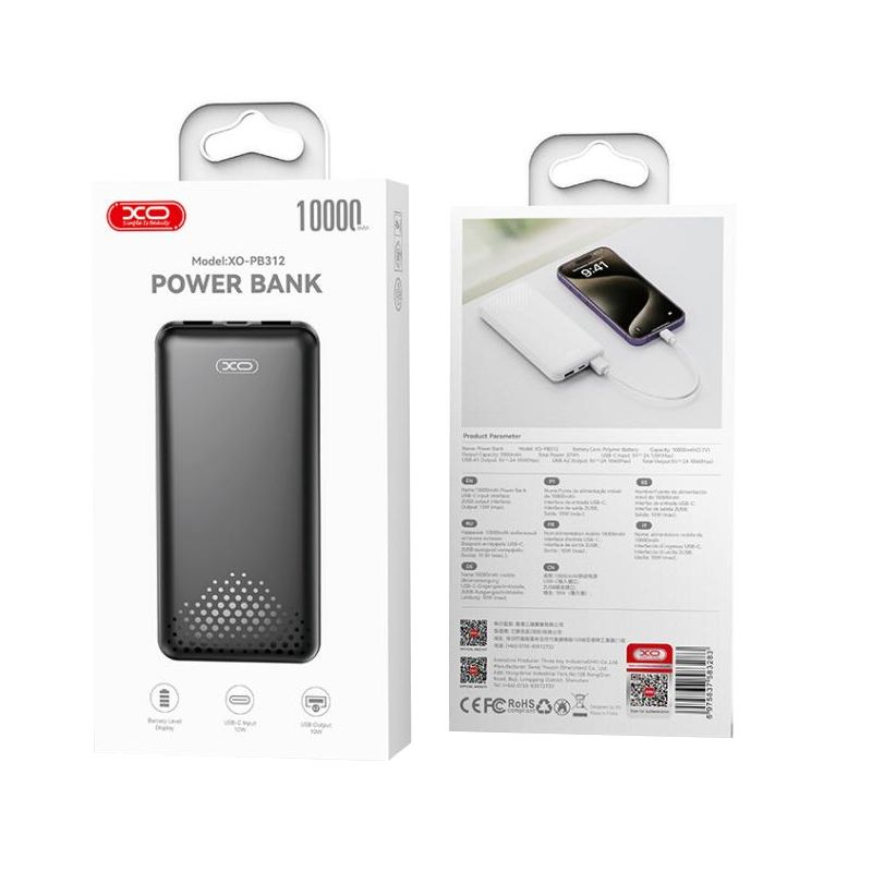 Batería Externa XO Design PB312, 10000mAh, 10W, 2 x USB-A, Negra