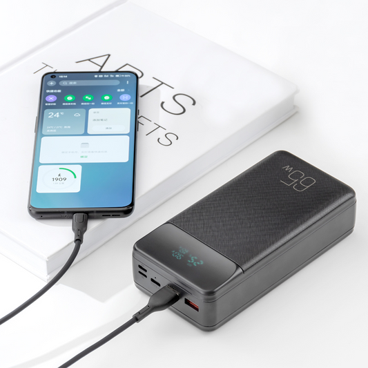 Batería Externa XO Design PR201, 30000mAh, 65W, QC + PD, 1 x USB-C - 2 x USB-A, Negra