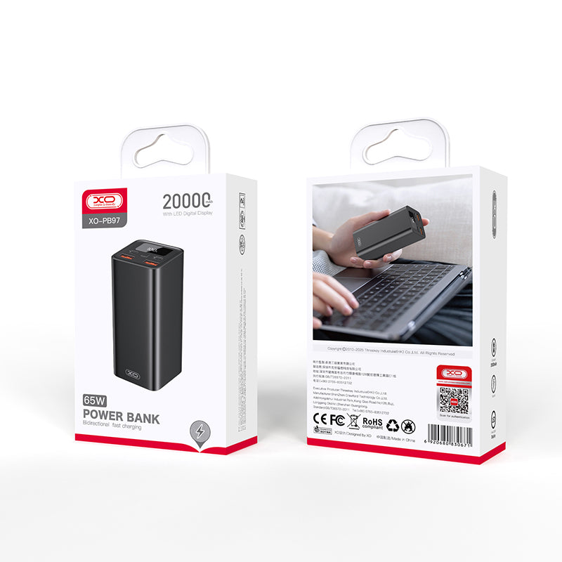 Batería Externa XO Design PB97, 20000mAh, 65W, QC + PD, 2 x USB-A - 2 x USB-C, Negra