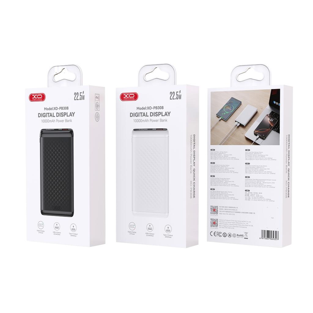 Batería Externa XO Design PB308, 10000mAh, 22.5W, QC + PD, 1 x USB-A - 1 x USB-C, Negra