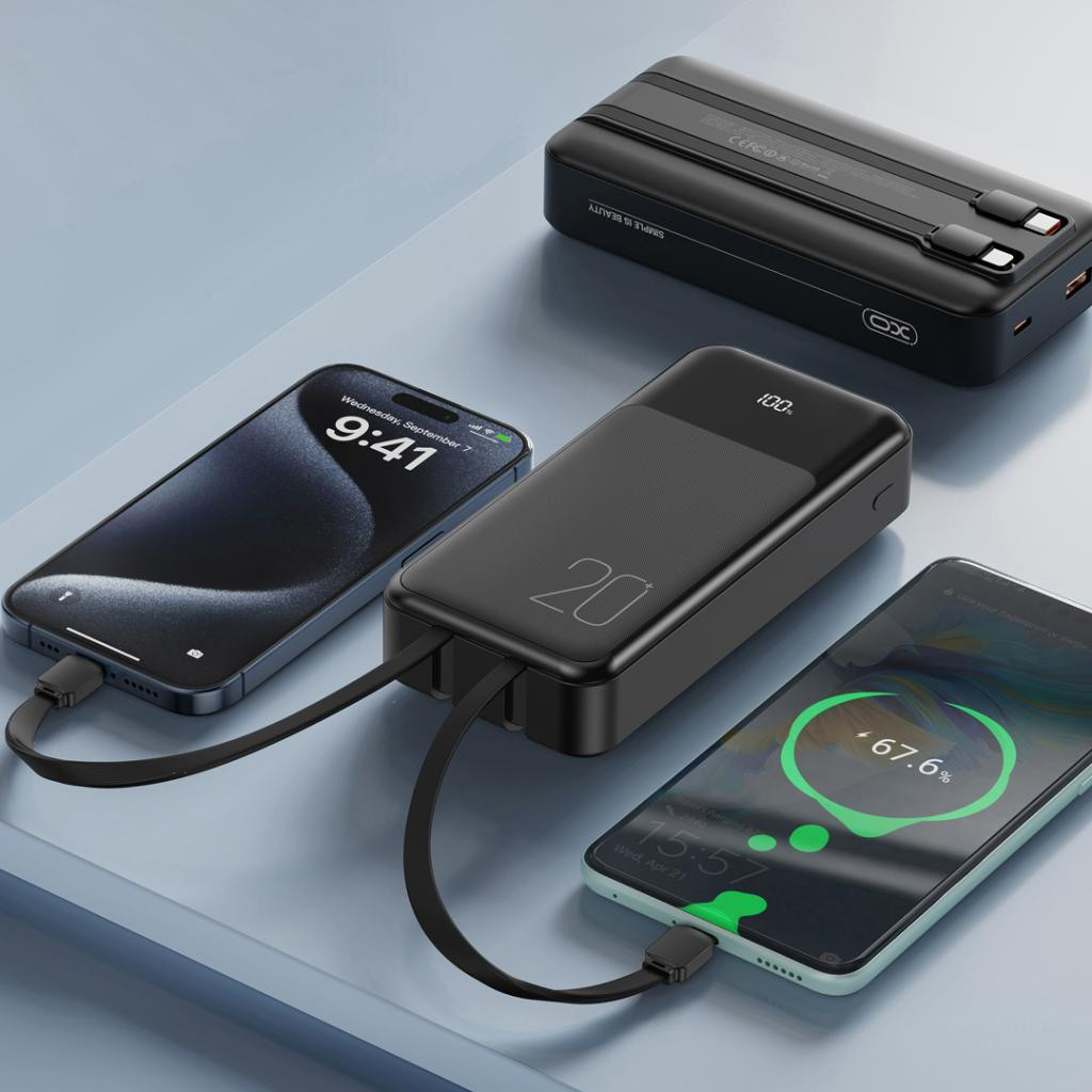 Batería Externa XO Design PR249, 20000mAh, 22.5W, QC + PD, 1 x Lightning - 1 x USB-A - 2 x USB-C, Negra