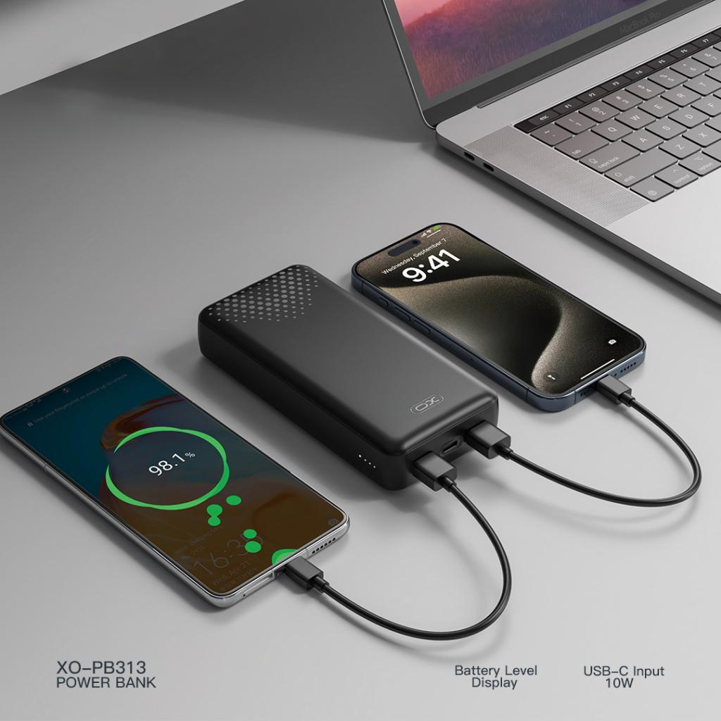 Batería Externa XO Design PB313, 20000mAh, 10W, 2 x USB-A, Negra